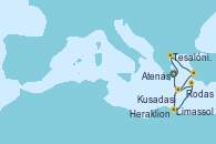 Visitando Atenas (Grecia), Tesalónica (Grecia), Tesalónica (Grecia), Kusadasi (Efeso/Turquía), Limassol (Chipre), Rodas (Grecia), Heraklion (Creta), Atenas (Grecia), Atenas (Grecia)