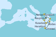 Visitando Atenas (Grecia), Tesalónica (Grecia), Tesalónica (Grecia), Kusadasi (Efeso/Turquía), Limassol (Chipre), Rodas (Grecia), Heraklion (Creta), Nauplion (Grecia), Atenas (Grecia), Atenas (Grecia)