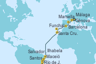 Visitando Génova (Italia), Marsella (Francia), Barcelona, Málaga, Funchal (Madeira), Santa Cruz de Tenerife (España), Maceió (Brasil), Salvador de Bahía (Brasil), Río de Janeiro (Brasil), Ilhabela (Brasil), Santos (Brasil)