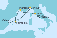 Visitando Civitavecchia (Roma), Livorno, Pisa y Florencia (Italia), Marsella (Francia), Palma de Mallorca (España), Valencia, Génova (Italia)
