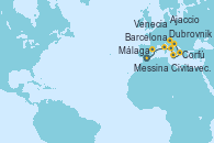 Visitando Málaga, Barcelona, Ajaccio (Córcega), Civitavecchia (Roma), Messina (Sicilia), Corfú (Grecia), Dubrovnik (Croacia), Venecia (Italia)