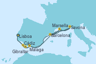 Visitando Lisboa (Portugal), Cádiz (España), Málaga, Barcelona, Marsella (Francia), Savona (Italia), Barcelona, Marsella (Francia), Savona (Italia), Marsella (Francia), Málaga, Gibraltar (Inglaterra), Cádiz (España), Lisboa (Portugal)