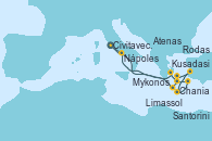 Visitando Civitavecchia (Roma), Chania (Creta/Grecia), Mykonos (Grecia), Kusadasi (Efeso/Turquía), Limassol (Chipre), Rodas (Grecia), Santorini (Grecia), Atenas (Grecia), Nápoles (Italia), Civitavecchia (Roma)