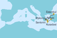 Visitando Atenas (Grecia), Estambul (Turquía), Estambul (Turquía), Kusadasi (Efeso/Turquía), Santorini (Grecia), Mykonos (Grecia), Atenas (Grecia)