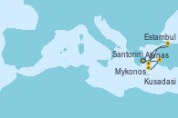 Visitando Atenas (Grecia), Estambul (Turquía), Estambul (Turquía), Mykonos (Grecia), Santorini (Grecia), Kusadasi (Efeso/Turquía), Atenas (Grecia)