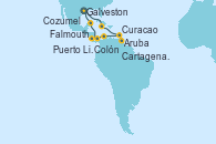 Visitando Galveston (Texas), Falmouth (Jamaica), Aruba (Antillas), Curacao (Antillas), Cartagena de Indias (Colombia), Colón (Panamá), Puerto Limón (Costa Rica), Cozumel (México), Galveston (Texas)