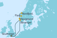 Visitando Southampton (Inglaterra), Haugesund (Noruega), Nordfjordeid, Flam (Noruega), Stavanger (Noruega), Southampton (Inglaterra)
