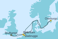 Visitando Southampton (Inglaterra), Cherburgo (Francia), Zeebrugge (Bruselas), Rotterdam (Holanda), Southampton (Inglaterra)