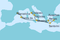 Visitando Barcelona, Palma de Mallorca (España), Messina (Sicilia), Atenas (Grecia), Kusadasi (Efeso/Turquía), Santorini (Grecia), Nápoles (Italia), Civitavecchia (Roma)
