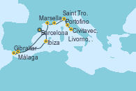 Visitando Barcelona, Ibiza (España), Gibraltar (Inglaterra), Málaga, Marsella (Francia), Saint Tropez (Francia), Portofino (Italia), Livorno, Pisa y Florencia (Italia), Civitavecchia (Roma)