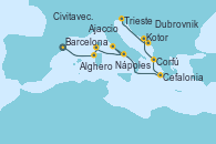 Visitando Barcelona, Alghero (Cerdeña), Ajaccio (Córcega), Nápoles (Italia), Civitavecchia (Roma), Cefalonia (Grecia), Corfú (Grecia), Kotor (Montenegro), Dubrovnik (Croacia), Trieste (Italia)