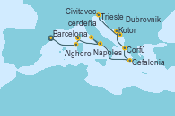 Visitando Barcelona, Alghero (Cerdeña), Ajaccio (Córcega), Nápoles (Italia), Civitavecchia (Roma), Cefalonia (Grecia), Corfú (Grecia), Kotor (Montenegro), Dubrovnik (Croacia), Trieste (Italia)