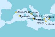 Visitando Civitavecchia (Roma), Nápoles (Italia), Santorini (Grecia), Kusadasi (Efeso/Turquía), Atenas (Grecia), Messina (Sicilia), Palma de Mallorca (España), Barcelona