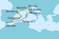 Visitando Civitavecchia (Roma), La Spezia, Florencia y Pisa (Italia), Génova (Italia), Marsella (Francia), Barcelona, Palma de Mallorca (España), Cartagena (Murcia), Gibraltar (Inglaterra), Civitavecchia (Roma)
