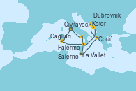 Visitando Civitavecchia (Roma), Cagliari (Cerdeña), Palermo (Italia), La Valletta (Malta), Corfú (Grecia), Kotor (Montenegro), Dubrovnik (Croacia), Salerno (Italia), Civitavecchia (Roma)