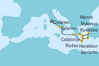 Visitando Civitavecchia (Roma), Salerno (Italia), Cefalonia (Grecia), Heraklion (Creta), Santorini (Grecia), Rodas (Grecia), Kusadasi (Efeso/Turquía), Mykonos (Grecia), Atenas (Grecia)