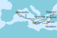 Visitando Barcelona, Heraklion (Creta), Kusadasi (Efeso/Turquía), Estambul (Turquía), Estambul (Turquía), Atenas (Grecia), Mykonos (Grecia), Katakolon (Olimpia/Grecia), Barcelona