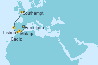 Visitando Barcelona, Málaga, Cádiz (España), Lisboa (Portugal), Southampton (Inglaterra)