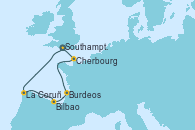 Visitando Southampton (Inglaterra), La Coruña (Galicia/España), Bilbao (España), Burdeos (Francia), Cherbourg (Francia), Southampton (Inglaterra)