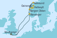 Visitando Southampton (Inglaterra), Bergen (Noruega), Aalesund (Noruega), Hellesylt (Noruega), Geiranger (Noruega), Olden (Noruega), Stavanger (Noruega), Southampton (Inglaterra)