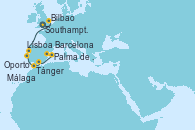 Visitando Southampton (Inglaterra), Bilbao (España), Oporto (Portugal), Lisboa (Portugal), Tánger (Marruecos), Málaga, Palma de Mallorca (España), Barcelona
