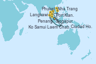 Visitando Singapur, Phuket (Tailandia), Langkawi (Malasia), Penang (Malasia), Port Klang (Malasia), Nha Trang (Vietnam), Ciudad Ho Chi Minh (Vietnam), Laem Chabang (Bangkok/Thailandia), Ko Samui (Tailandia), Singapur