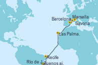 Visitando Buenos aires, Río de Janeiro (Brasil), Recife (Brasil), Las Palmas de Gran Canaria (España), Barcelona, Marsella (Francia), Savona (Italia)