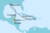 Visitando Galveston (Texas), Cozumel (México), Belize (Caribe), Roatán (Honduras), Ocho Ríos (Jamaica), Gran Caimán (Islas Caimán), Galveston (Texas)