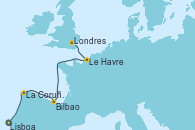 Visitando Lisboa (Portugal), La Coruña (Galicia/España), Bilbao (España), Le Verdon (Francia), Le Havre (Francia), Londres (Reino Unido)