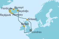 Visitando Londres (Reino Unido), Belfast (Irlanda), Seydisfjordur (Islandia), Akureyri (Islandia), Fiordo de Grundar (Islandia), Reykjavik (Islandia), Heimaey (Islas Westmann/Islandia), Kirkwall,Scotland,UK, Londres (Reino Unido)