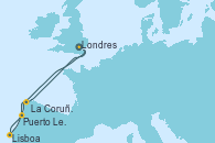 Visitando Londres (Reino Unido), La Coruña (Galicia/España), Puerto Leixões (Portugal), Lisboa (Portugal), Le Verdon (Francia), Portland, Dorset (Reino Unido), Londres (Reino Unido)