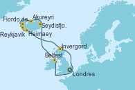 Visitando Londres (Reino Unido), Belfast (Irlanda), Seydisfjordur (Islandia), Akureyri (Islandia), Fiordo de Grundar (Islandia), Reykjavik (Islandia), Heimaey (Islas Westmann/Islandia), Invergordon (Escocia), Londres (Reino Unido)