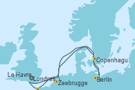 Visitando Londres (Reino Unido), Copenhague (Dinamarca), Berlín (Alemania), Aarhus (Dinamarca), Ámsterdam (Holanda), Zeebrugge (Bruselas), Le Havre (Francia), Londres (Reino Unido)