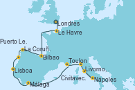 Visitando Londres (Reino Unido), Le Havre (Francia), Le Verdon (Francia), Bilbao (España), La Coruña (Galicia/España), Puerto Leixões (Portugal), Lisboa (Portugal), Málaga, Toulon (Francia), Livorno, Pisa y Florencia (Italia), Nápoles (Italia), Civitavecchia (Roma)