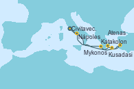 Visitando Civitavecchia (Roma), Katakolon (Olimpia/Grecia), Kavala (Grecia), Estambul (Turquía), Kusadasi (Efeso/Turquía), Mykonos (Grecia), Atenas (Grecia), Nápoles (Italia), Civitavecchia (Roma)