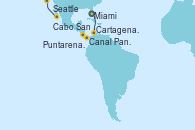 Visitando Miami (Florida/EEUU), Cartagena de Indias (Colombia), Canal Panamá, Puntarenas (Costa Rica), Cabo San Lucas (México), Seattle (Washington/EEUU)
