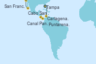 Visitando Tampa (Florida), Cartagena de Indias (Colombia), Canal Panamá, Puntarenas (Costa Rica), Cabo San Lucas (México), San Francisco (California/EEUU)