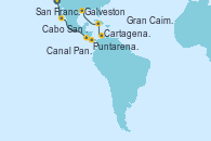 Visitando San Francisco (California/EEUU), Cabo San Lucas (México), Puntarenas (Costa Rica), Canal Panamá, Cartagena de Indias (Colombia), Gran Caimán (Islas Caimán), Galveston (Texas)