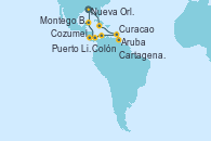 Visitando Nueva Orleans (Luisiana), Montego Bay (Jamaica), Aruba (Antillas), Curacao (Antillas), Cartagena de Indias (Colombia), Colón (Panamá), Puerto Limón (Costa Rica), Cozumel (México), Nueva Orleans (Luisiana)