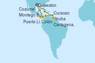 Visitando Galveston (Texas), Montego Bay (Jamaica), Aruba (Antillas), Curacao (Antillas), Cartagena de Indias (Colombia), Colón (Panamá), Puerto Limón (Costa Rica), Cozumel (México), Galveston (Texas)