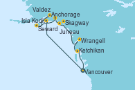 Visitando Vancouver (Canadá), Seward (Alaska), Anchorage (Alaska), Isla Kodiak (Alaska), Valdez (Alaska), Juneau (Alaska), Skagway (Alaska), Wrangell (Alaska), Ketchikan (Alaska), Vancouver (Canadá)