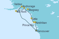 Visitando Vancouver (Canadá), Anchorage (Alaska), Anchorage (Alaska), Isla Kodiak (Alaska), Valdez (Alaska), Skagway (Alaska), Sitka (Alaska), Ketchikan (Alaska), Prince Rupert (Canadá), Vancouver (Canadá)