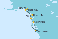 Visitando Vancouver (Canadá), Sitka (Alaska), Fiordo Tracy Arm (Alaska), Juneau (Alaska), Skagway (Alaska), Ketchikan (Alaska), Vancouver (Canadá)