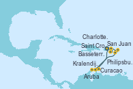 Visitando San Juan (Puerto Rico), Saint Croix (Islas Vírgenes), Charlotte Amalie (St. Thomas), Philipsburg (St. Maarten), Basseterre (Antillas), Kralendijk (Antillas), Curacao (Antillas), Aruba (Antillas), San Juan (Puerto Rico)