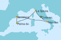 Visitando Civitavecchia (Roma), Nápoles (Italia), Barcelona, Palma de Mallorca (España), La Spezia, Florencia y Pisa (Italia), Civitavecchia (Roma)