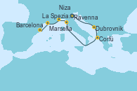 Visitando Ravenna (Italia), Dubrovnik (Croacia), Corfú (Grecia), La Spezia, Florencia y Pisa (Italia), Niza (Francia), Marsella (Francia), Barcelona