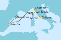 Visitando Barcelona, Valencia, Niza (Francia), Ajaccio (Córcega), La Spezia, Florencia y Pisa (Italia), Santa Margarita (Italia), Civitavecchia (Roma)