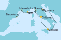 Visitando Ravenna (Italia), Messina (Sicilia), Civitavecchia (Roma), La Spezia, Florencia y Pisa (Italia), Niza (Francia), Marsella (Francia), Barcelona