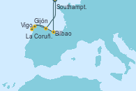 Visitando Southampton (Inglaterra), Bilbao (España), La Coruña (Galicia/España), Vigo (España), Gijón (Asturias/España), Southampton (Inglaterra)