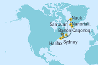 Visitando Boston (Massachusetts), Sydney (Nueva Escocia/Canadá), Halifax (Canadá), Nanortalik (Groenlandia), Qaqortoq, Greeland, Nuuk (Groenlandia), San Juan de Terranova (Canadá), Boston (Massachusetts)